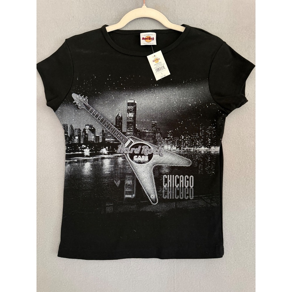 Hard Rock Cafe Chicago Ladies Glitter Tee Black Cotton Graphic T-Shirt Large NEW